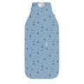 Blue woolbabe baby sleeping bag with sea creature pattern on a white background