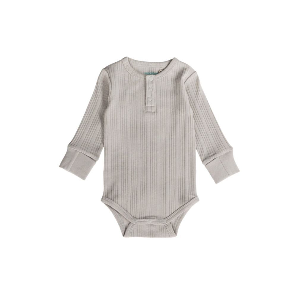 Gray ribbed baby onesie on a white background