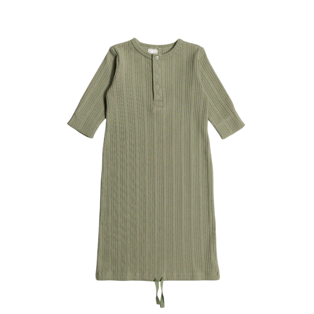 Green ribbed meirno baby gown with long sleeves on a white background