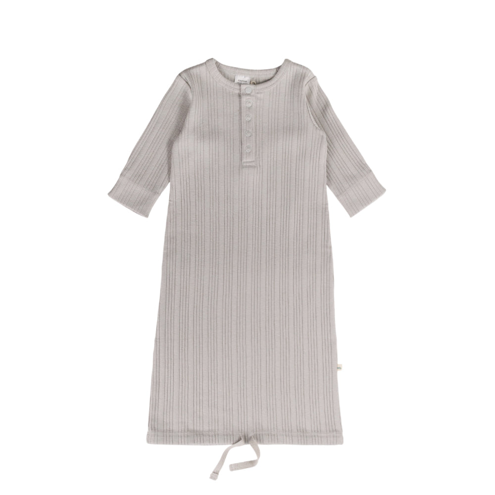 Grey merino rib baby gown with a drawstring on a white background