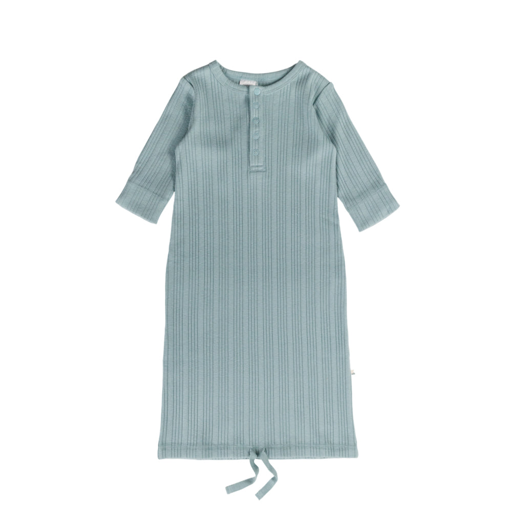 Light blue ribbed baby gown with long sleeves on a white background