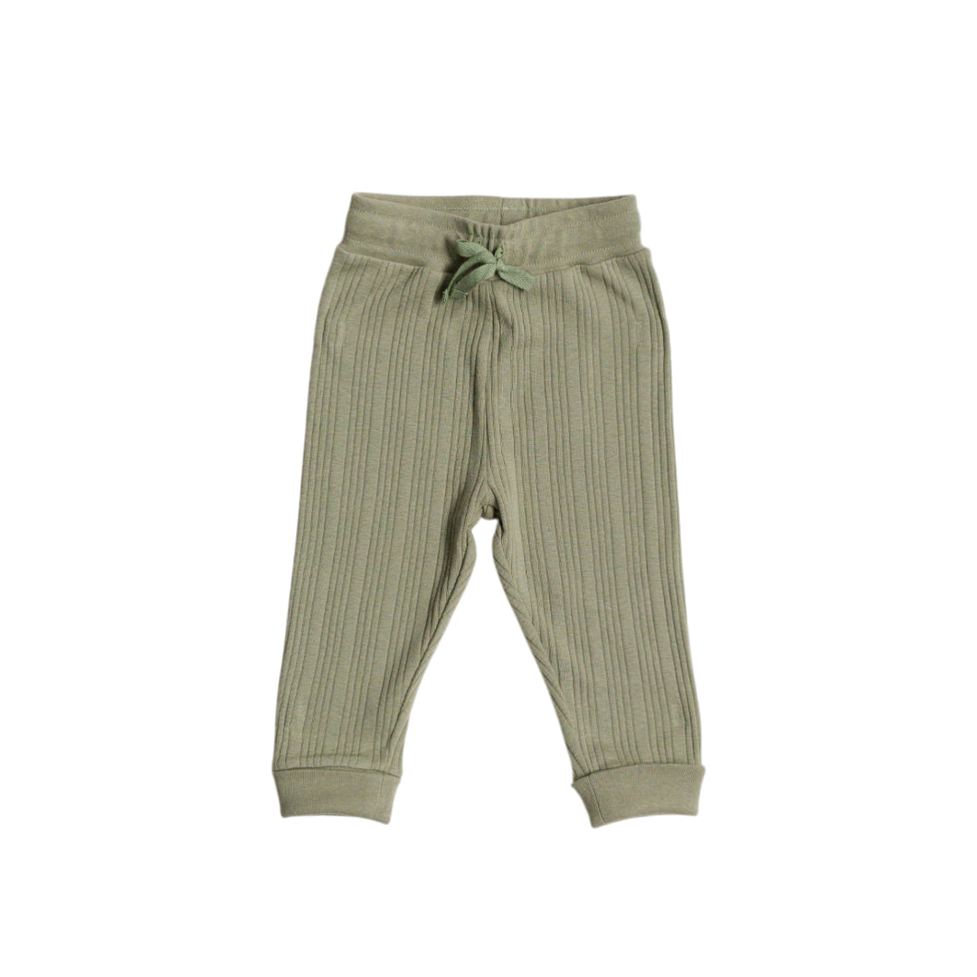 Green ribbed woolbabe baby pants with a drawstring on a white background