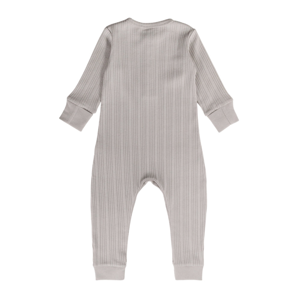 Gray ribbed woolbabe baby onesie with snaps around crotch on a white background