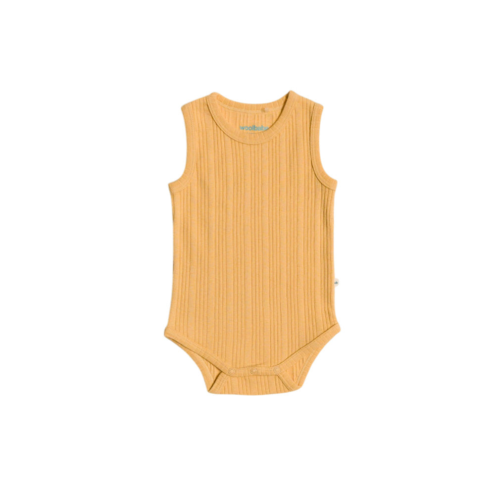woolbabe Yellow ribbed baby singletsuit on a white background