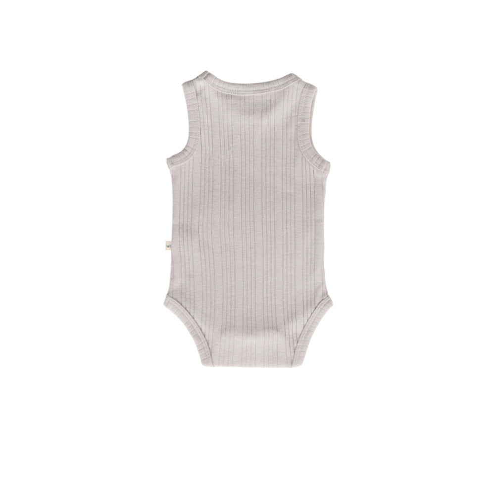 White ribbed woolbabe singlet bodysuit on a white background