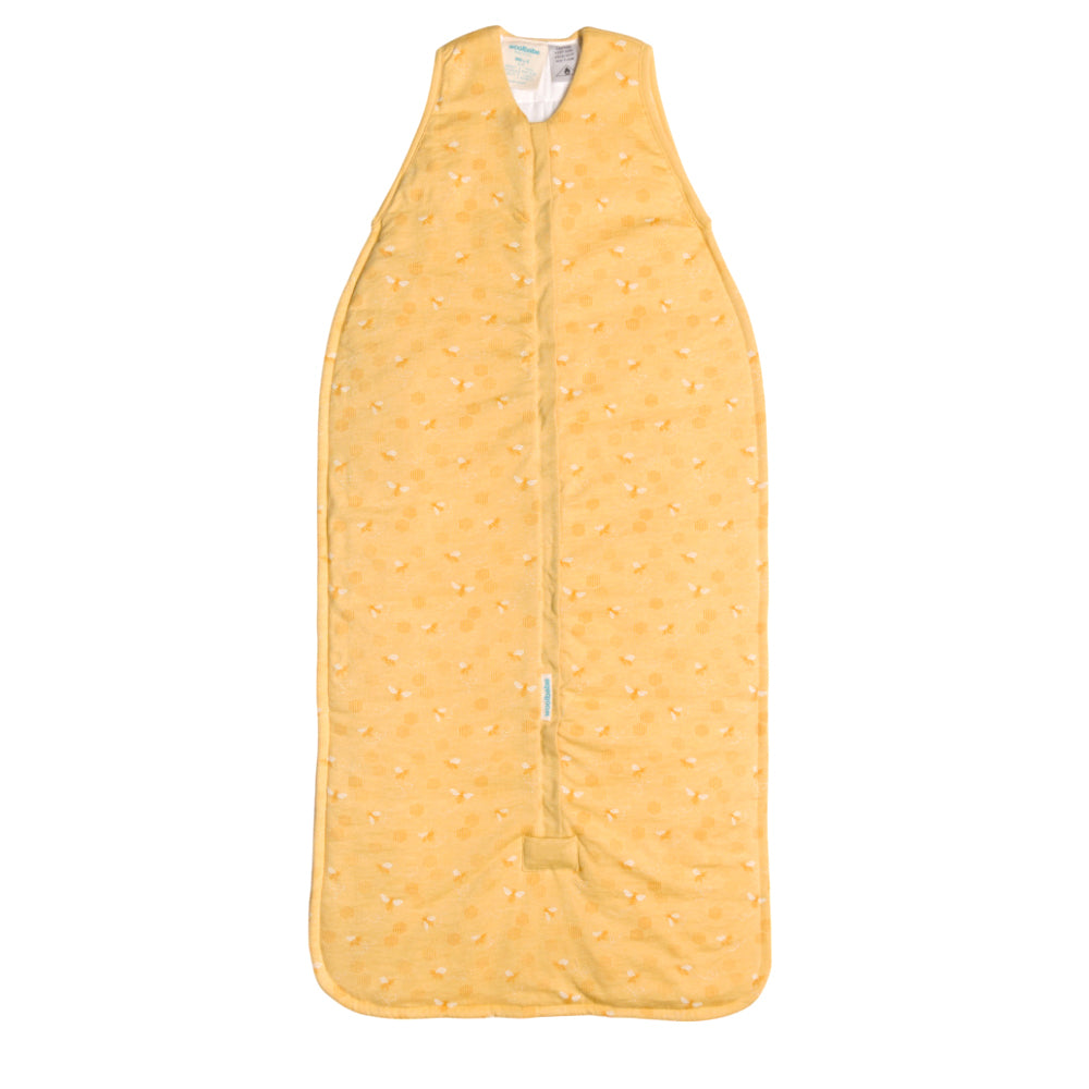 Yellow baby sleeping bag with a subtle bee pattern on a white background