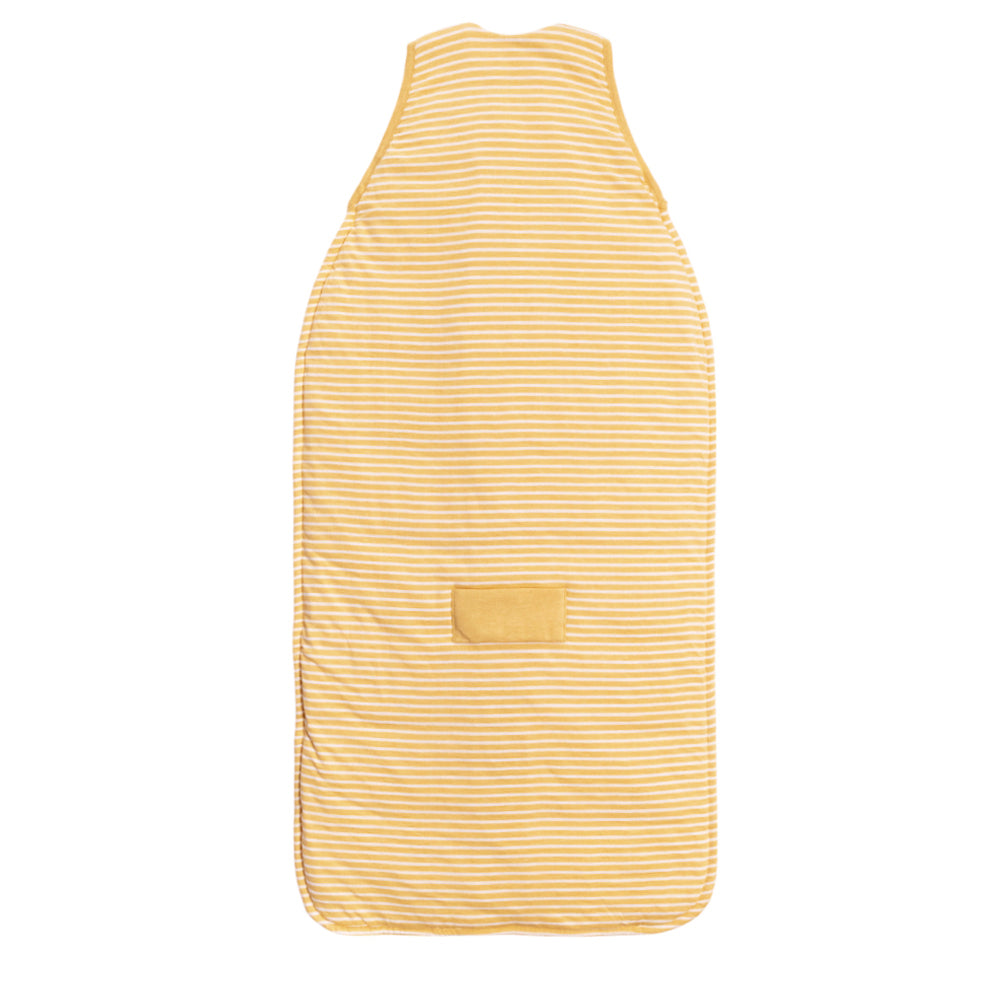 Yellow striped baby sleeping bag with buggy slot on a white background