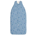 Blue children's sleeping bag with sea creature pattern on a white background