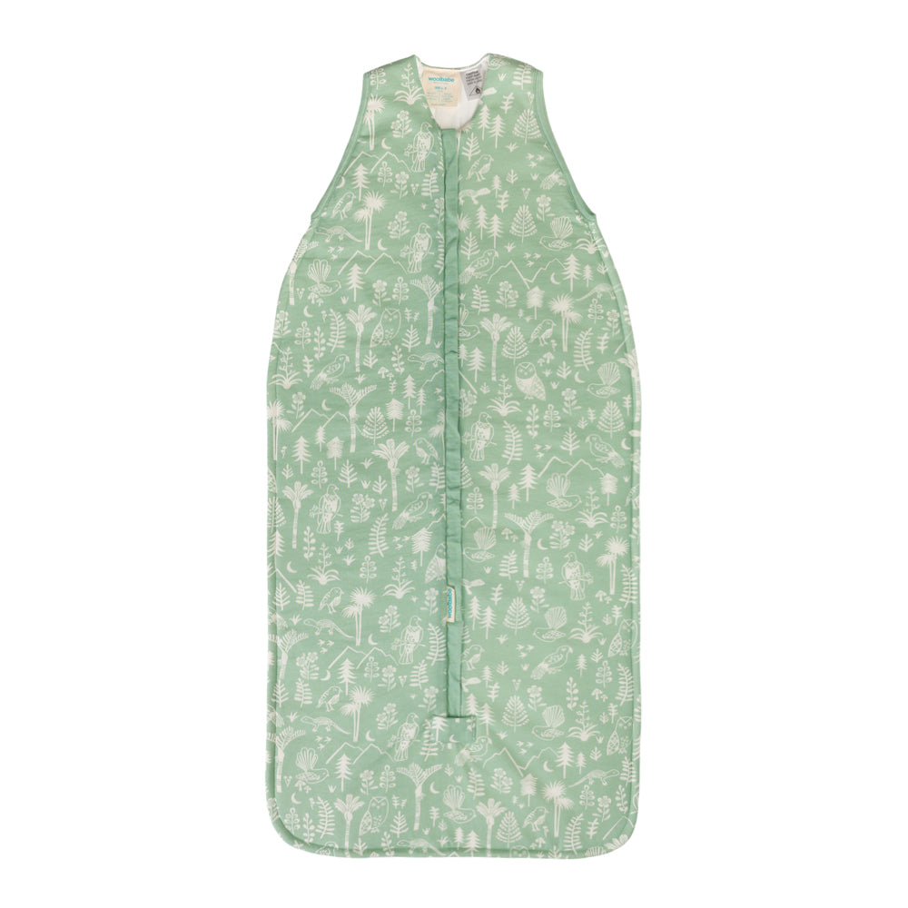 Green baby sleeping bag with nature print on a white background