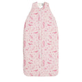 Pink woolbabe baby sleeping bag with mermaid pattern on a white background