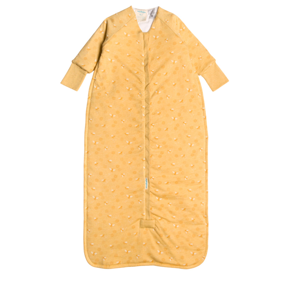 Yellow baby sleeping bag with a subtle pattern on a white background