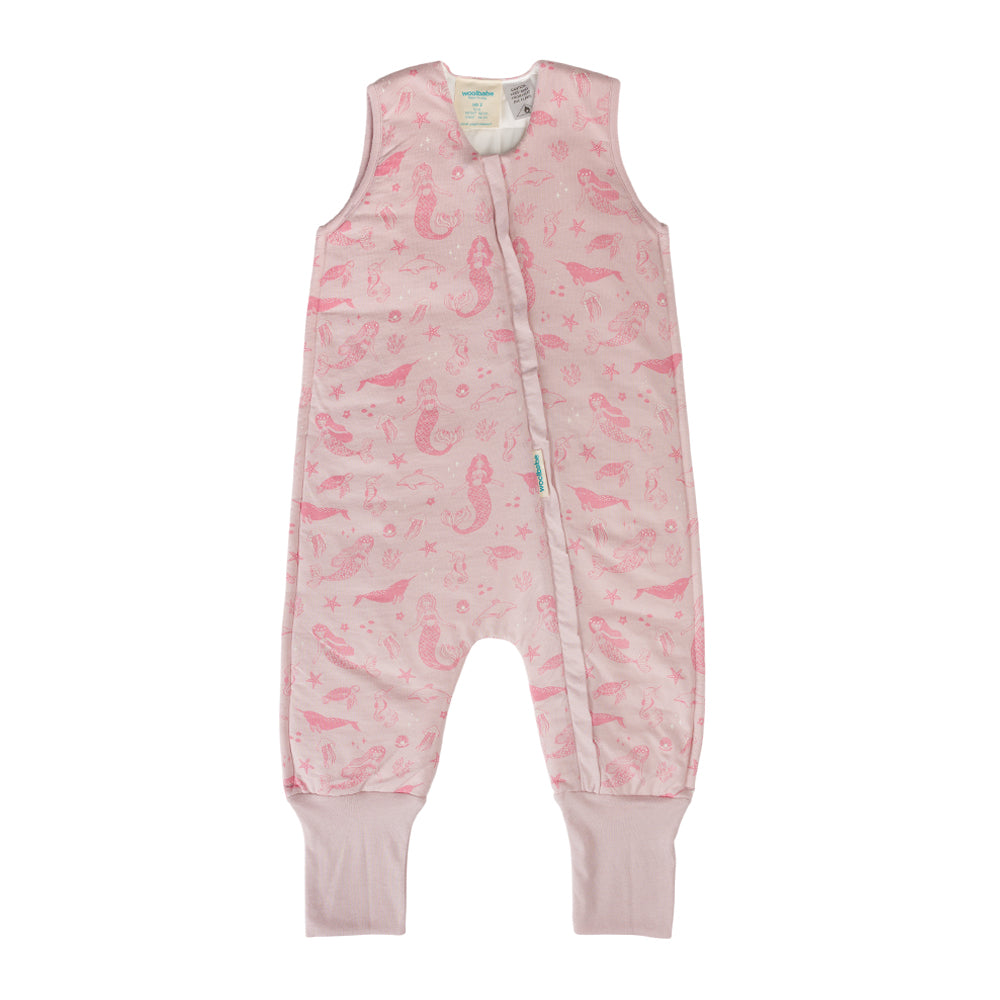 Pink baby merino sleep onesie with a pattern on a white background