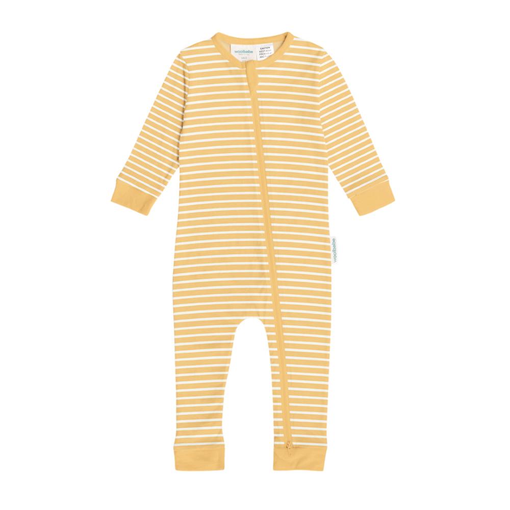Yellow and white striped merino baby onesie on a white background