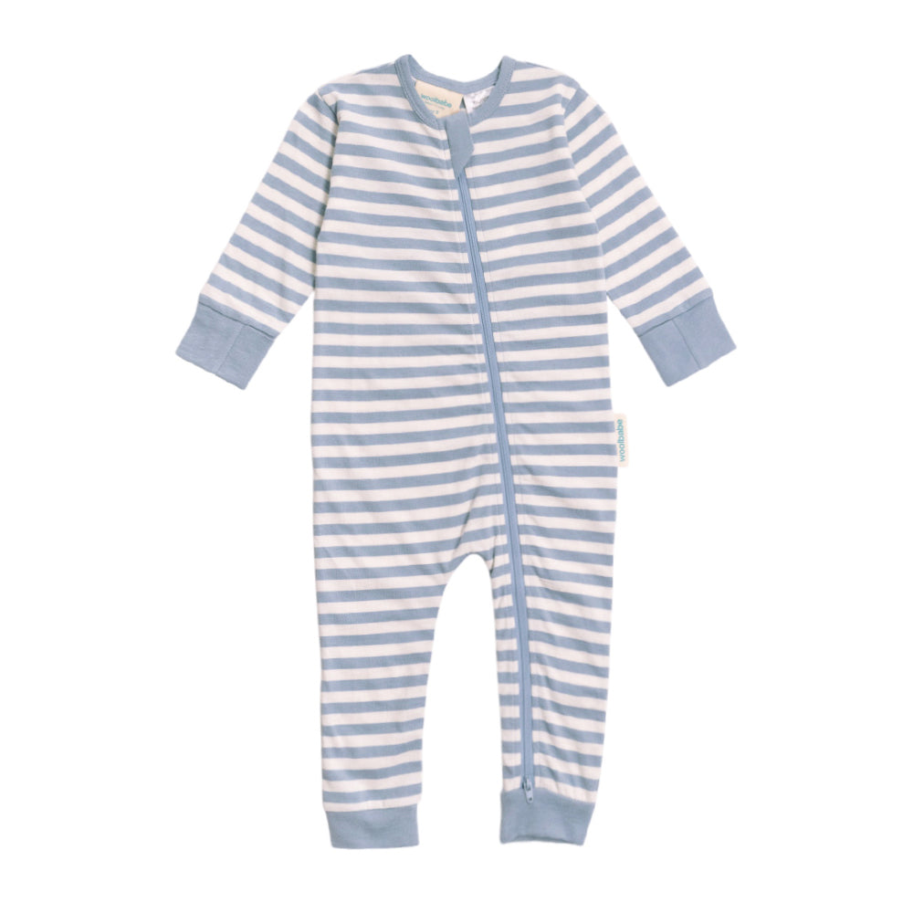 Blue and white striped baby onesie on a white background