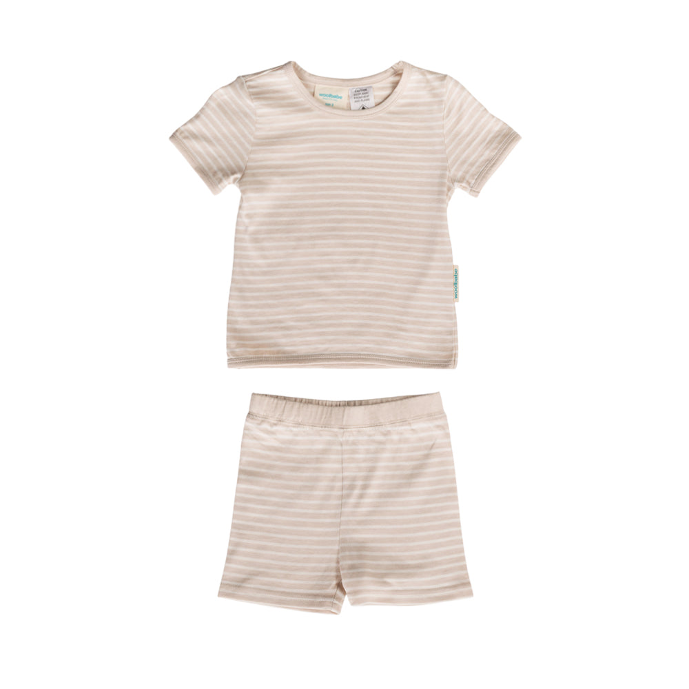 Children's beige striped shirt and shorts set on a white background