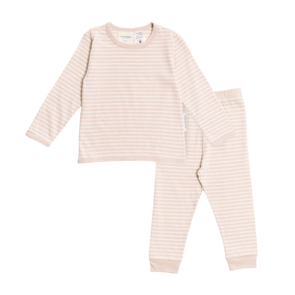 Beige striped woolbabe pajama set on a white background