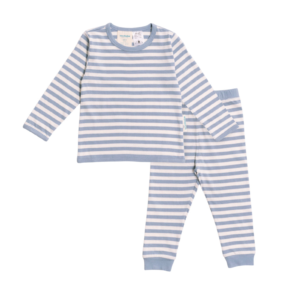 Blue and white striped woolbabe merino pajama set on a white background