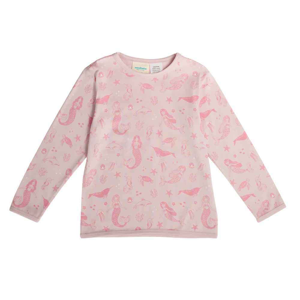 Pink PJ top with mermaid pattern on a white background