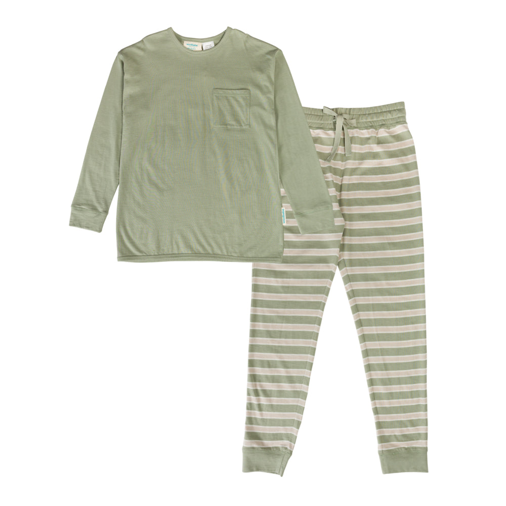 Green woolbabe long-sleeve top and striped pants PJ set on a white background