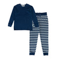 navy long-sleeve top and striped pants PJ set with drawstring on a white background