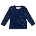 Navy blue long-sleeve shirt with star patterns on a white background
