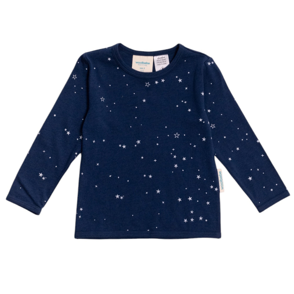 Navy blue long-sleeve shirt with star patterns on a white background
