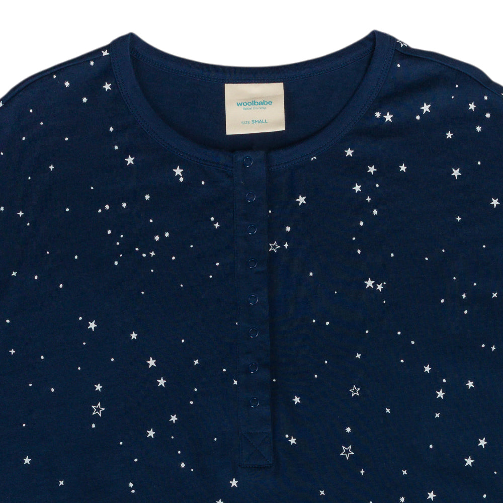 Navy blue breastfeeding nightgown  with white star pattern and Woolbabe abel.