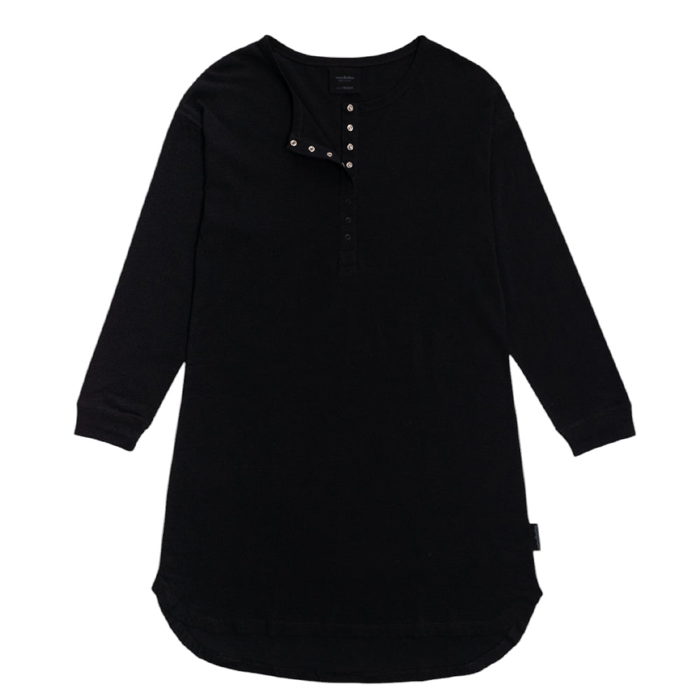 Black long-sleeve breastfeeding nigtgown with button details on a white background