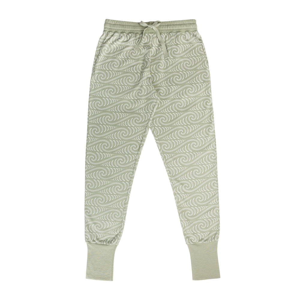 Light green Maori patterned lounge pyjama pants on a white background