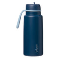 Navy insulated blue water bottle with a white cap on a white background