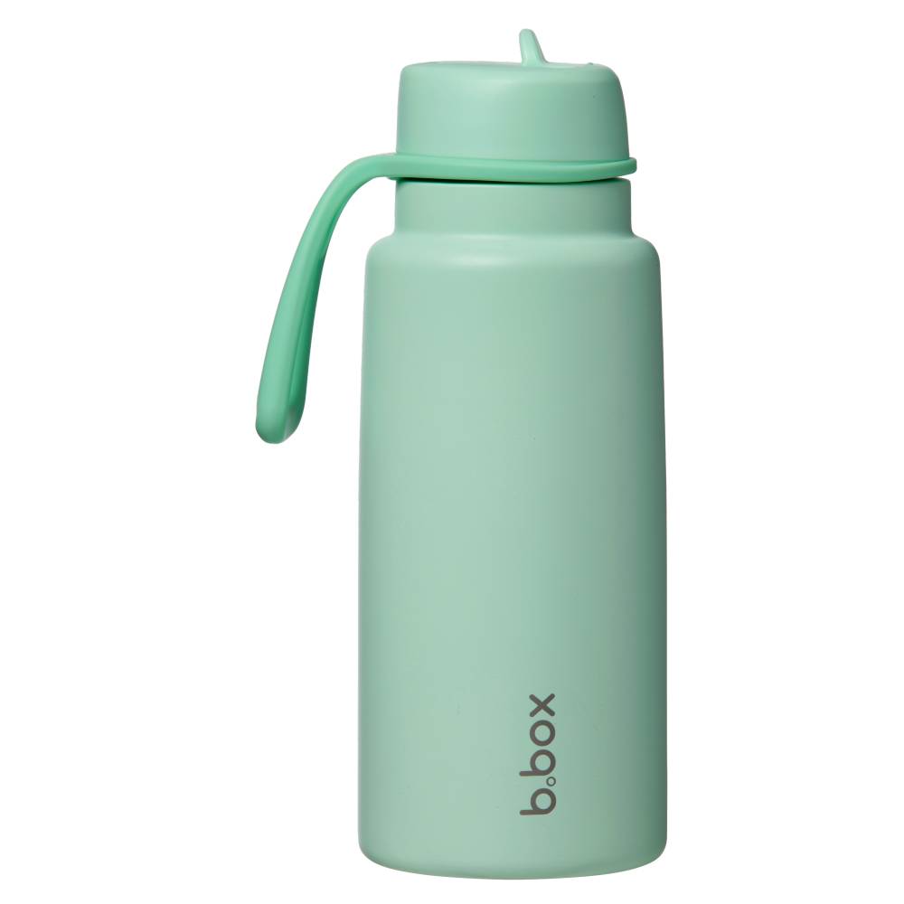Mint green insulated water bottle with a handle on a white background