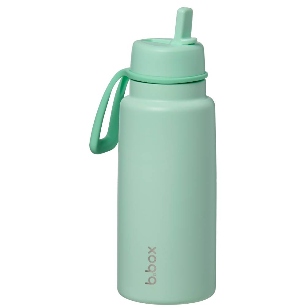 Mint green water bottle with straw lid on a white background