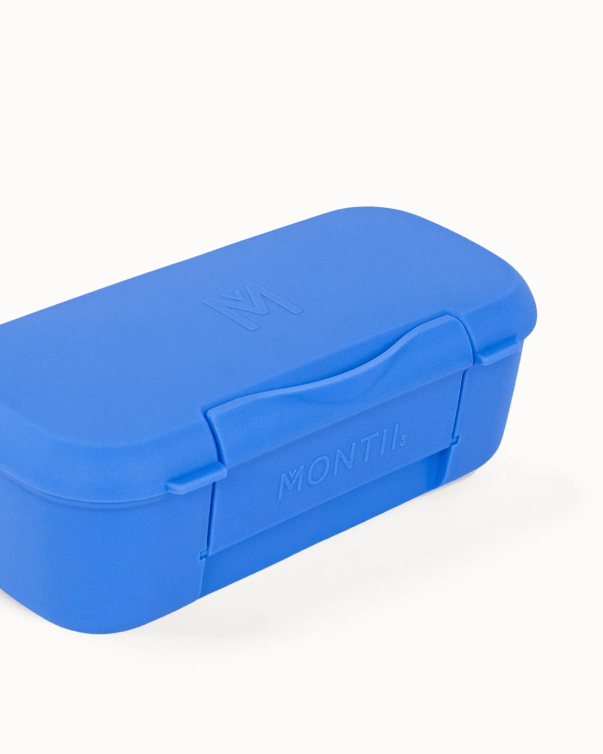 blue two compartment snackbox with lid closed against a white background