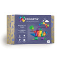 Box of Connetix magnetic tiles with colorful design on a white background