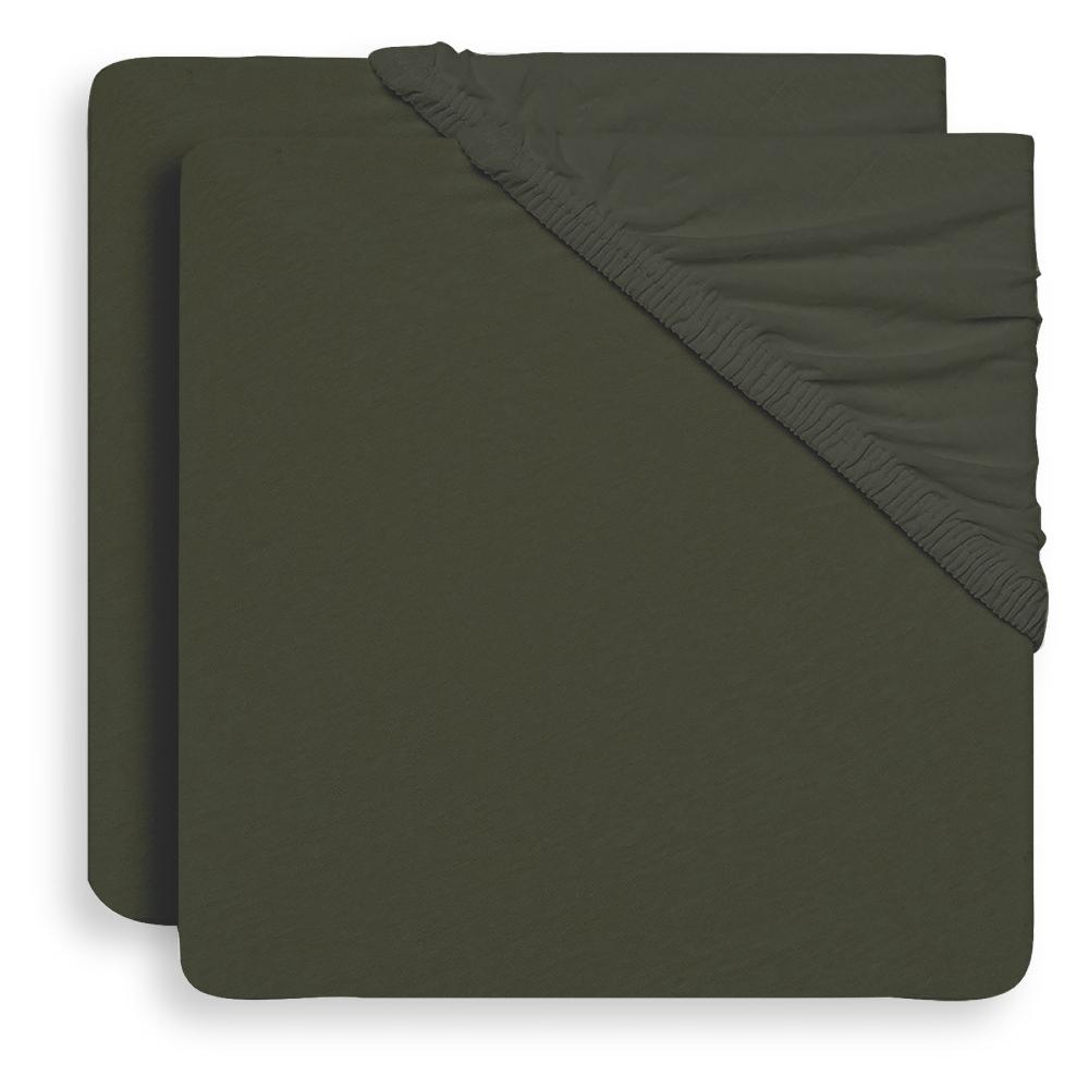 A pair of dark olive green fitted sheet or pillowcase pieces stacked slightly offset, with one corner folded back to show the elasticized edge, on a clean white background.