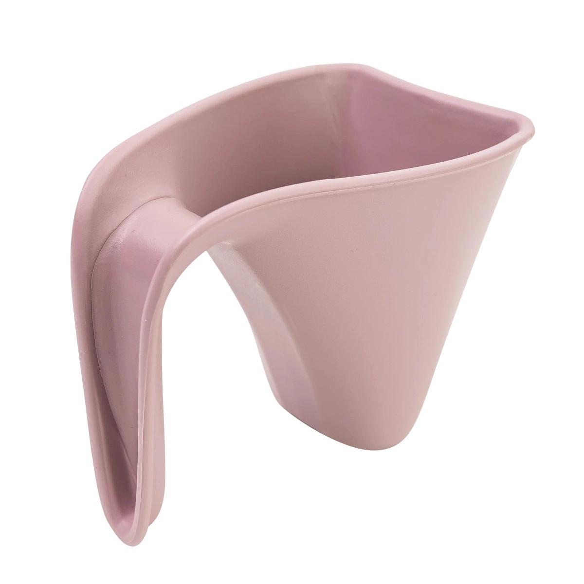 A modern pink plastic jug with a curved handle and angled opening, shown on a plain white background.