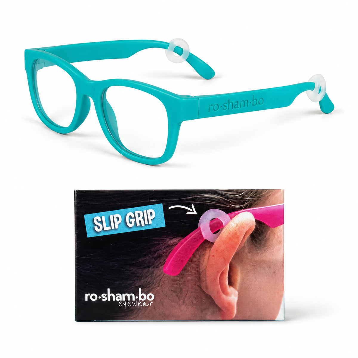 Teal coloured glasses with slip grip adjuster included. Outer packaging shown below this.
