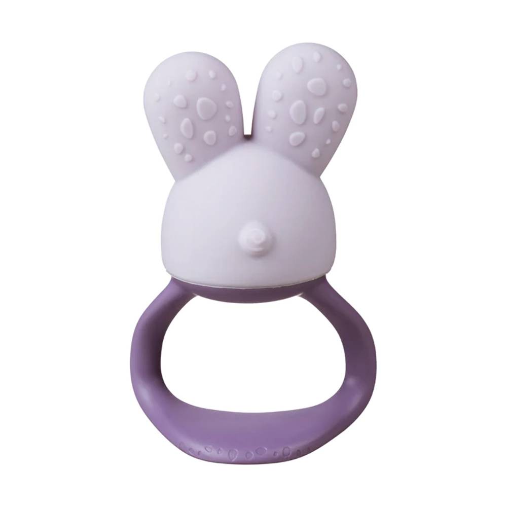 Purple rabbit-shaped teething ring on a white background