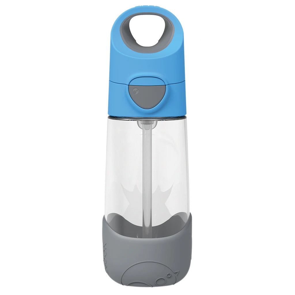 Clear water bottle with blue and gray accents on a white background