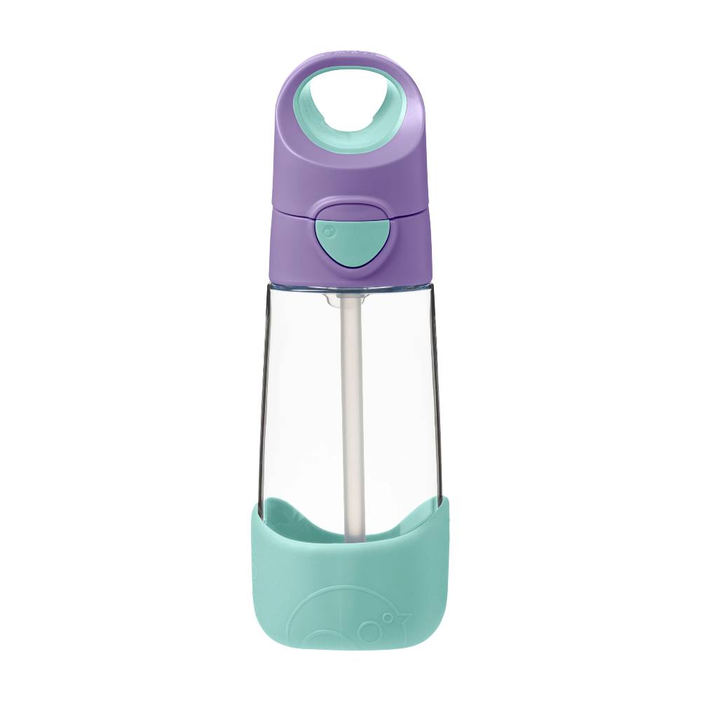 Clear B.BOX water bottle with purple and teal accents on a white background