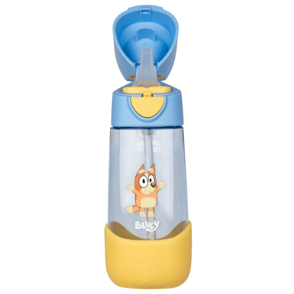 A Blinky water bottle with a light blue flip-top lid, yellow accents, and a clear body featuring a Bluey character graphic, set against a plain white background.