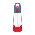 A clear plastic water bottle with a blue flip-top lid featuring a red accent and a red textured base, shown on a plain white background.