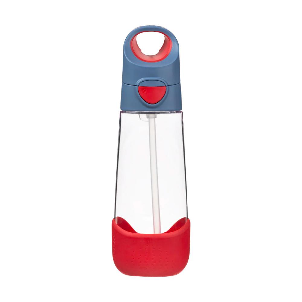 A clear plastic water bottle with a blue flip-top lid featuring a red accent and a red textured base, shown on a plain white background.