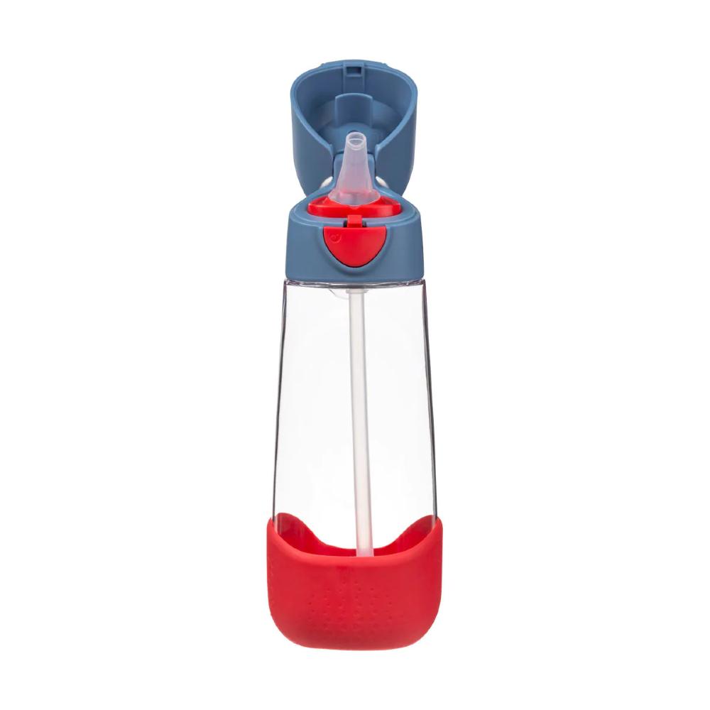 Clear water bottle with red base and blue top on a white background
