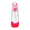 Clear water bottle with pink silicone sleeve and cap on a white background