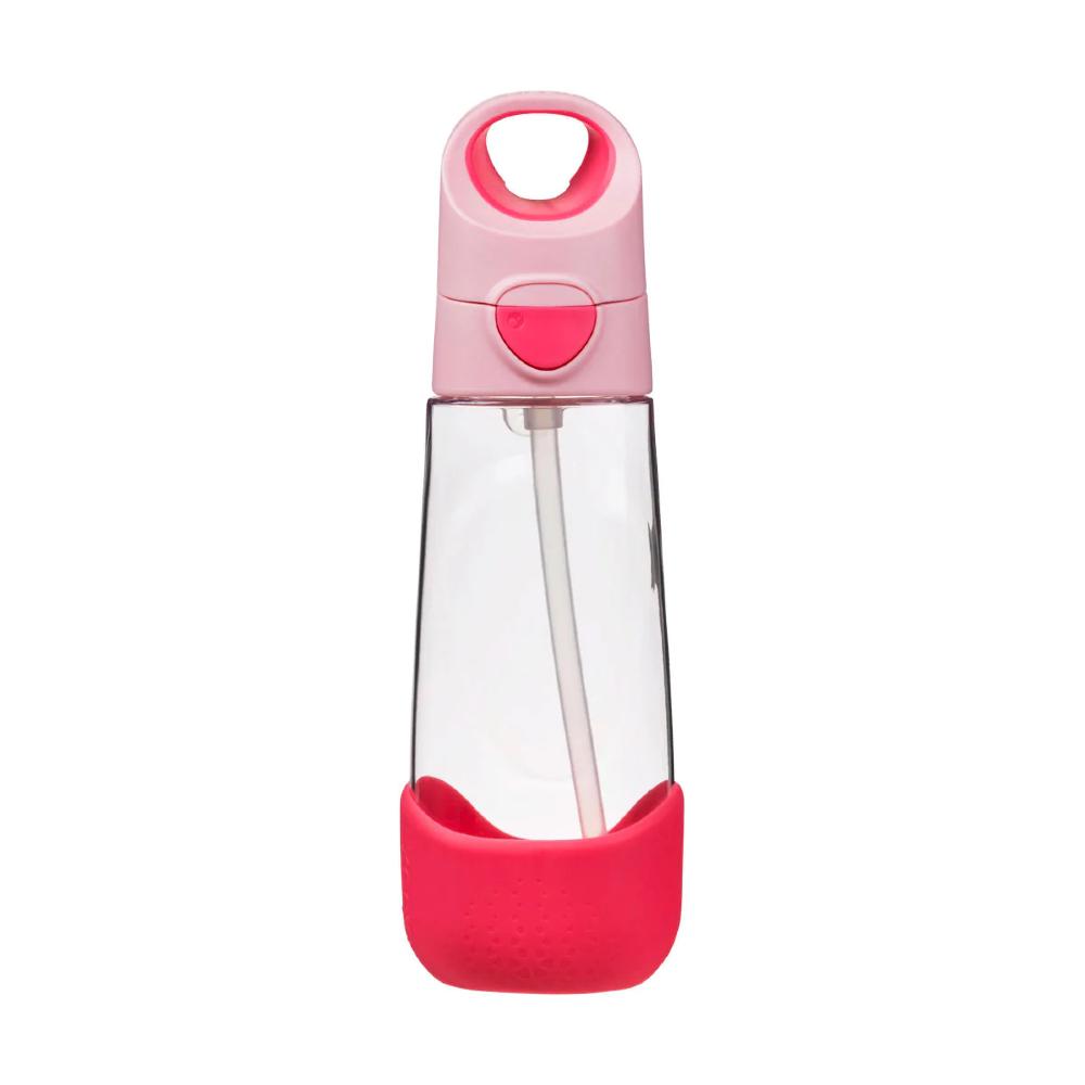 Clear water bottle with pink silicone sleeve and cap on a white background