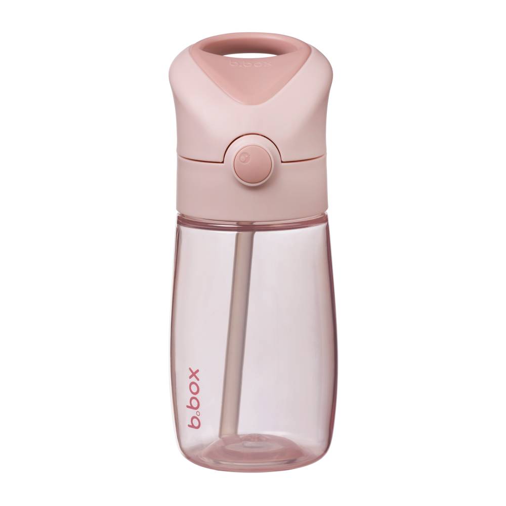A pink b.box water bottle with a translucent pink body and a matching pink lid, shown on a solid white background.