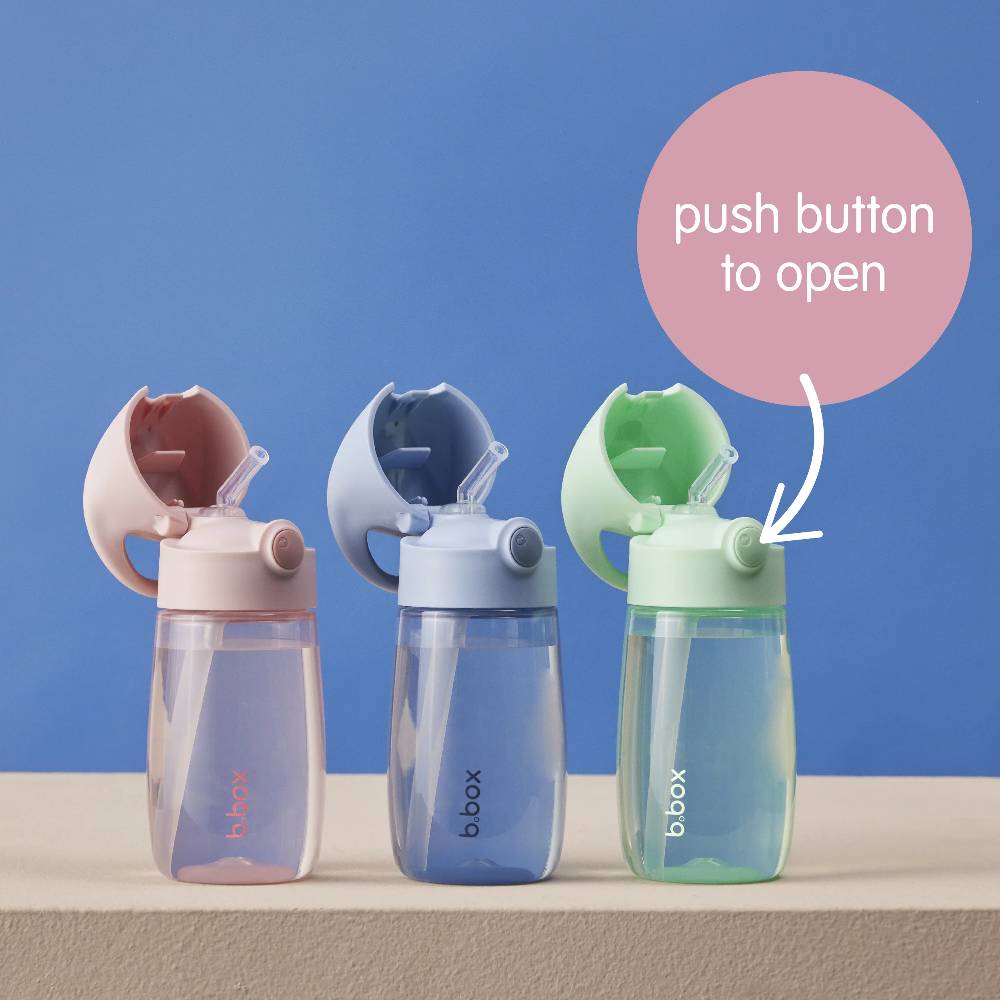 Three b.box water bottles with push-button lids on a blue background