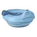 Blue silicone fill & feed bowl with spoon on a white background