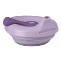 Purple silicone fill and feed bowl with lid and spoon on a white background